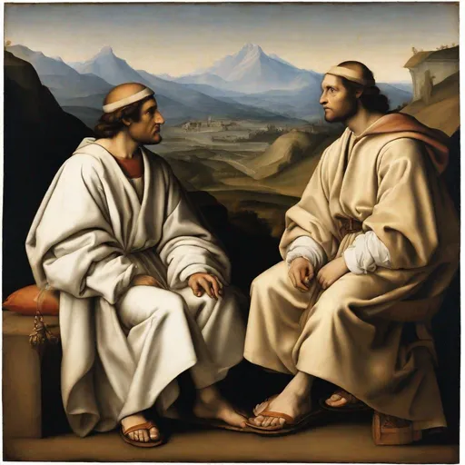 Prompt: A painted portrait of only two men in white robes and sandals one man standing and one man sitting in style of Renaissance painter Raphael with mountains in background.