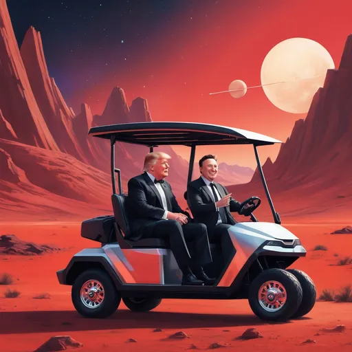 Prompt: (2D illustration) Donald Trump in a tailored suit and Elon Musk in a casual black t-shirt, both smiling cheerfully, sharing a moment in a futuristic golf cart, set against the striking red landscape of Mars. Vibrant colors capture the otherworldly scenery, with Martian mountains and a starry sky. High-quality artwork with crisp lines and attention to detail, evoking a light-hearted and whimsical ambiance.