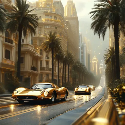 Prompt: An expensive car driving on streets of gold in a pristine beautiful city