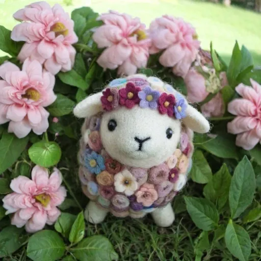 Prompt: a cute wool felt sheep in a beautiful garden full of flowers