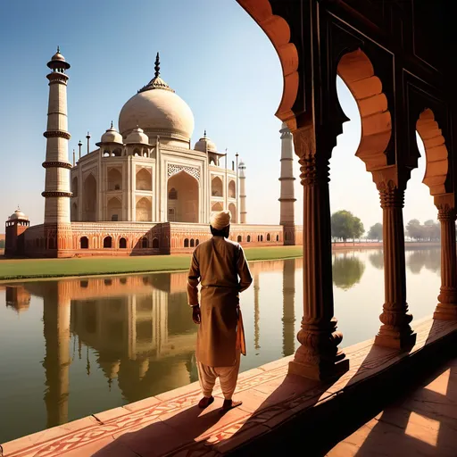 Prompt: Generate book cover title "In the Shadow of Taj Mahal and other stories by Anand Rao".  straight image not slanted. suitable to upload to amazon kdp. shah jahan an old man in clothes of mughal times - suitable for a sick man , gazing at Taj mahal across river from fort window.... time is evening. Maybe larger taj, and smaller old man in corner.  Mughal era painiting style
