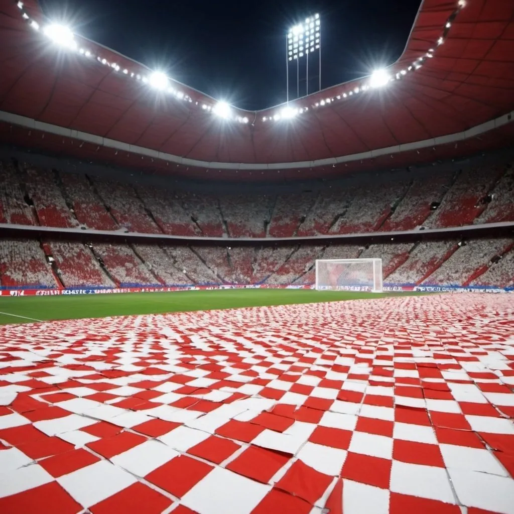 Prompt: red and white squares - symbol of Croatia of fans. Evening stadium arena 
