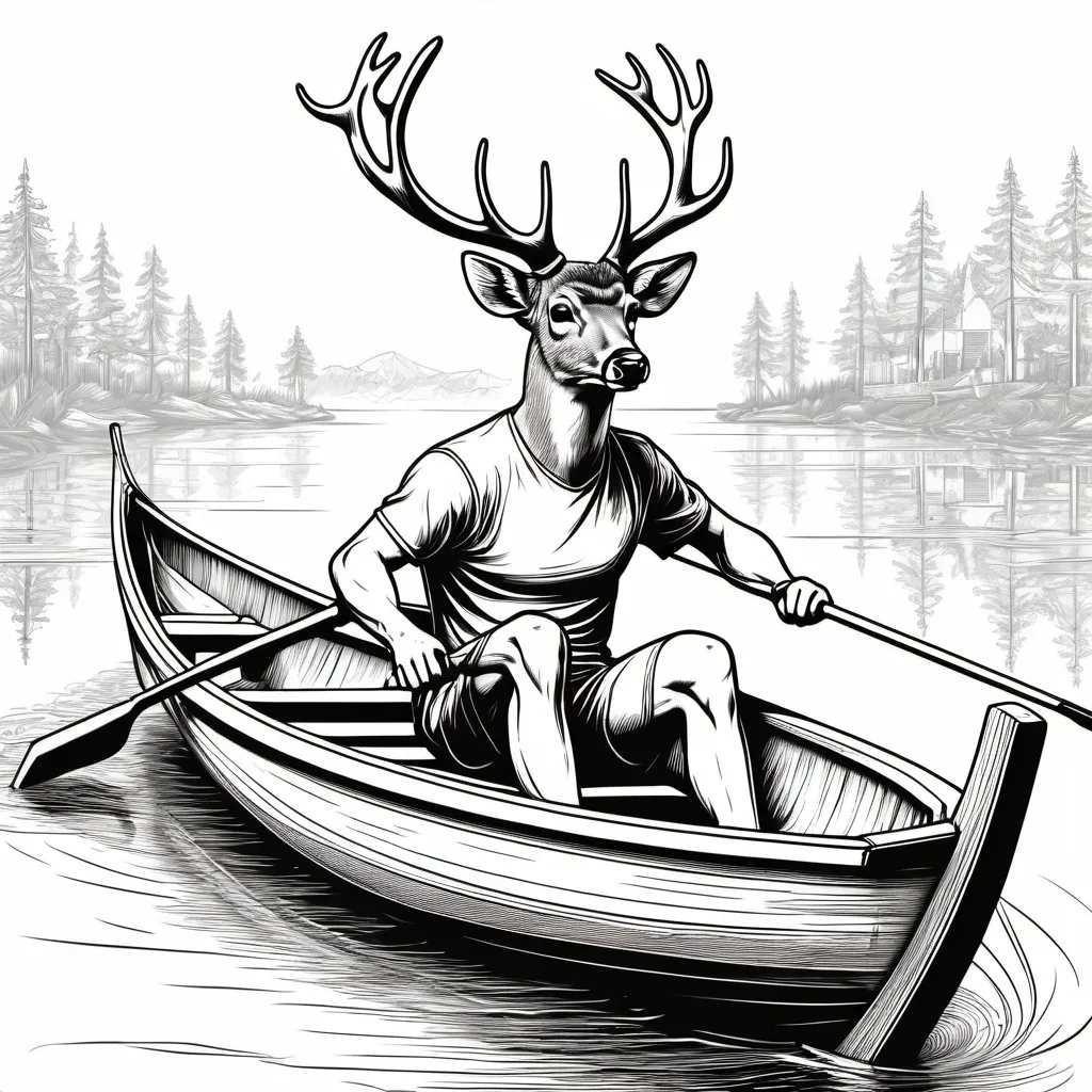 Prompt: Male deer rowing a boat in black and white line art for laser engraving
