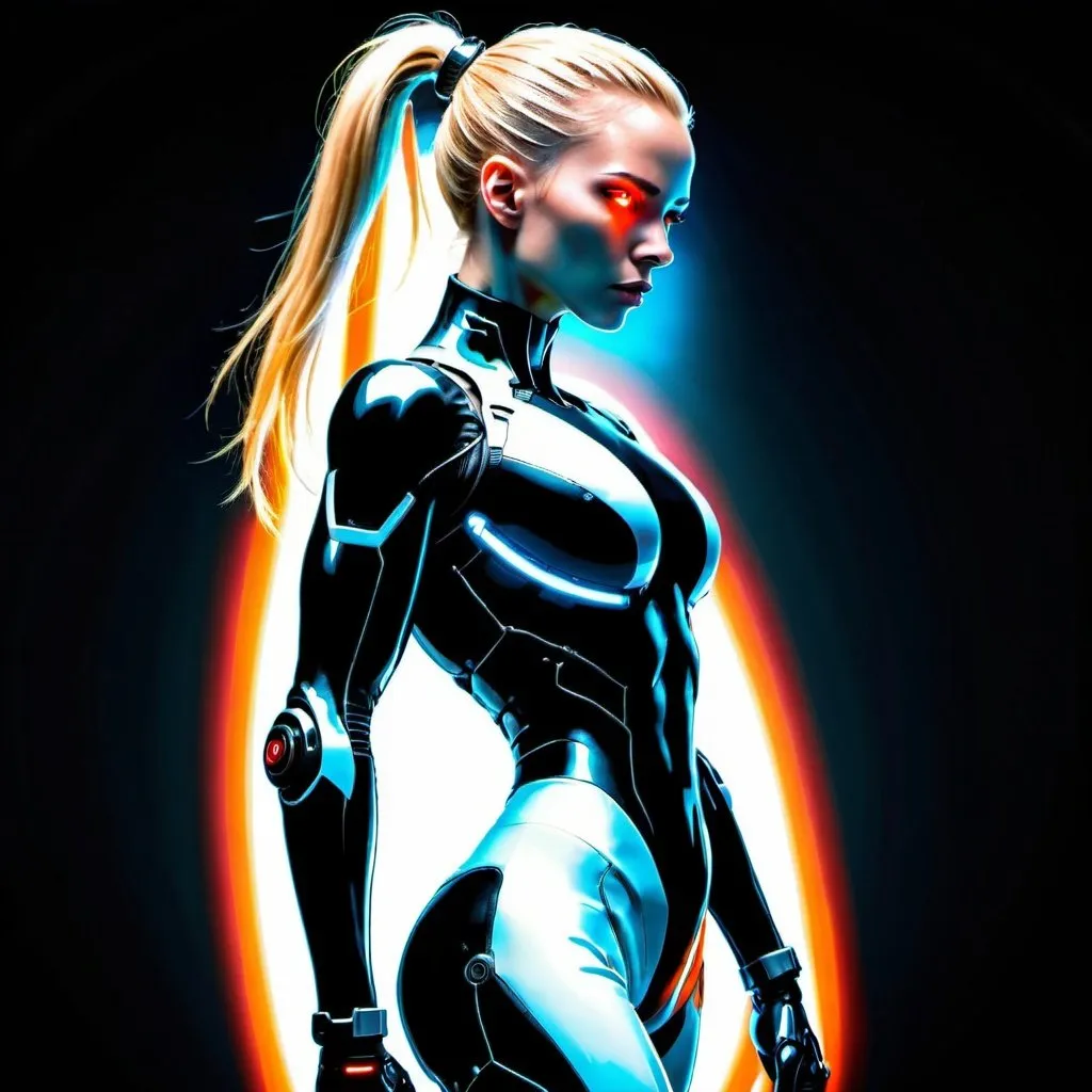 Prompt: Full body shot of a slim, very athletic cyborg woman with shiny blonde hair pulled back in a tight military bun. She is designed for combat. She has glowing red cyborg eyes. She wears a skintight futuristic black battle suit. 