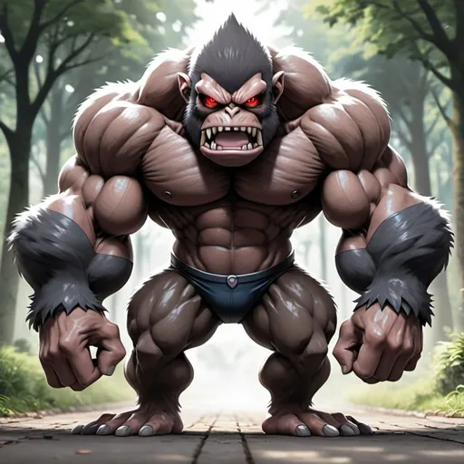 Prompt: The Pokemon Slaking but with dark grey fur. It is knuckle walking on its long muscular arms. It's ape-like face is grumpy.