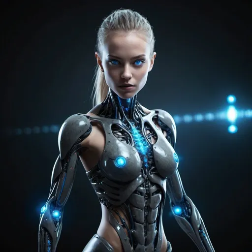 Prompt: Full body shot of a slim, very athletic and very beautiful young woman. She is designed for combat. She has glowing blue eyes. She has been infected and assimilated by an alien nanotech, turning her into an organic machine from head to toe.