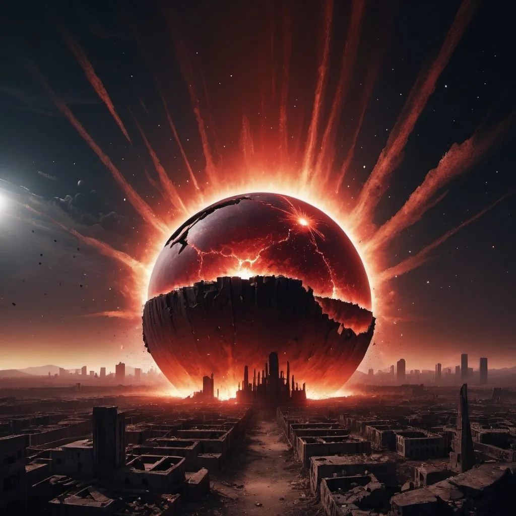 Prompt: A hemisphere of absolute dark energy set on the ground in the middle of a ruined city explodes into pure, blinding light. The night sky is dark and reddish and dust blows through the city.