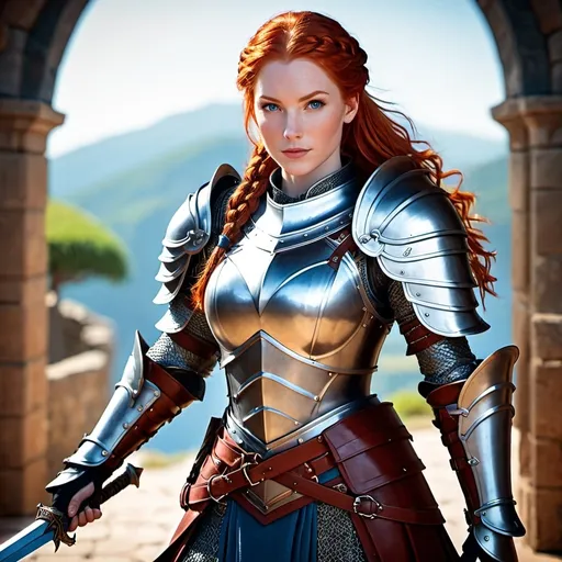 Prompt: Tall, redhead female paladin. Glowing blue eyes. Braided red hair. Heavy mithril plate armor. longsword in right hand. gentle expression. Fantasy. Full body shot.