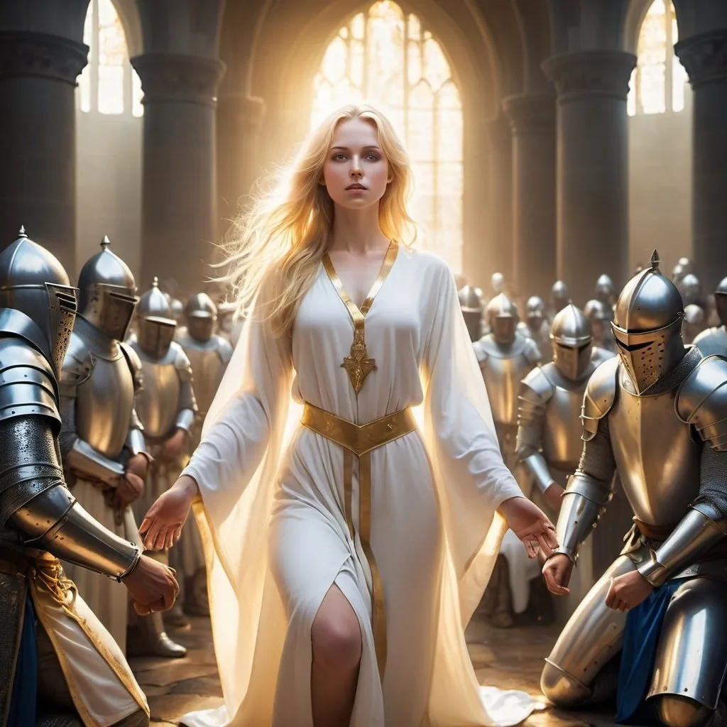 Prompt: A beautiful athletic blonde goddess walks through a crowd of knights kneeling in worship. She wears white robes. Her bright blue eyes are backlit with golden light. Her pale skin exudes a golden radiance. She has a calm, stoic expression on her face.