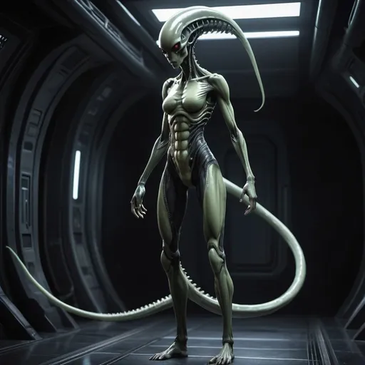 Prompt: A tall slim, extremely athletic young woman. She has become a hybrid of human and alien. She has a long prehensile tail like a xenomorph from the Alien movies. She is not wearing clothes on but she has grown chitinous armor across her body.