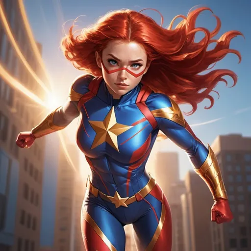 Prompt: An athletic Young female superhero. Her suit is red with blue trim and a gold star on her chest. She is flying, her red hair flowing in the wind. Her eyes glow with golden light.