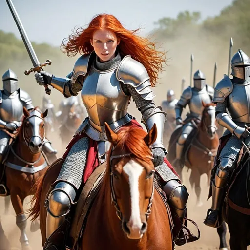 Prompt: Red haired female paladin with a sword, leading a charge of mounted knights.