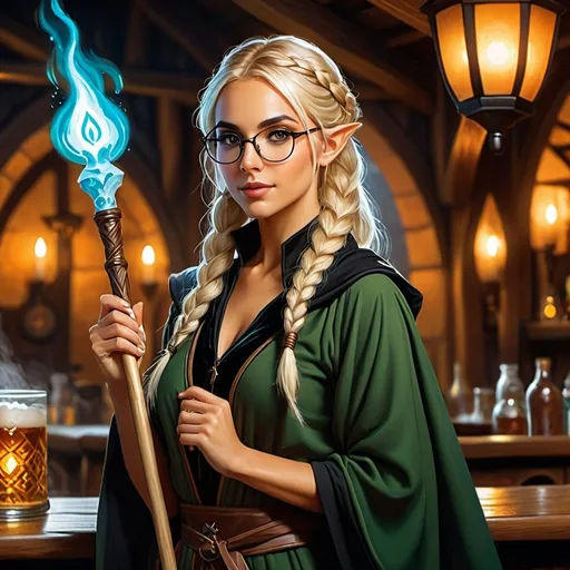 Prompt: A beautiful young elf female wizard. Olive skin tone. Round glasses. Blonde hair in a braid. Black robes. Carrying a staff made of bone. Tavern background. Michael Whelan style. Fantasy. Dungeons and dragons.