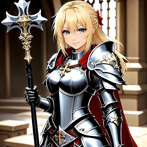 Prompt: anime, fantasy cleric, girl, spiked mace, detailed, blonde hair, gentle smile, practical full plate armor with a cross on it, very detailed