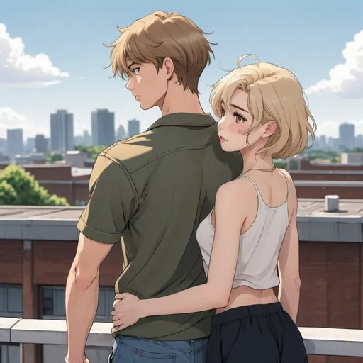 Prompt: anime illustration of a tall very muscular pale skinned young man with very short brown hair and a short, young asian woman with dirty blonde hair standing on a school roof overlooking a city. The young man has his arm on the small of the young woman's back. high school age, romance vibes.