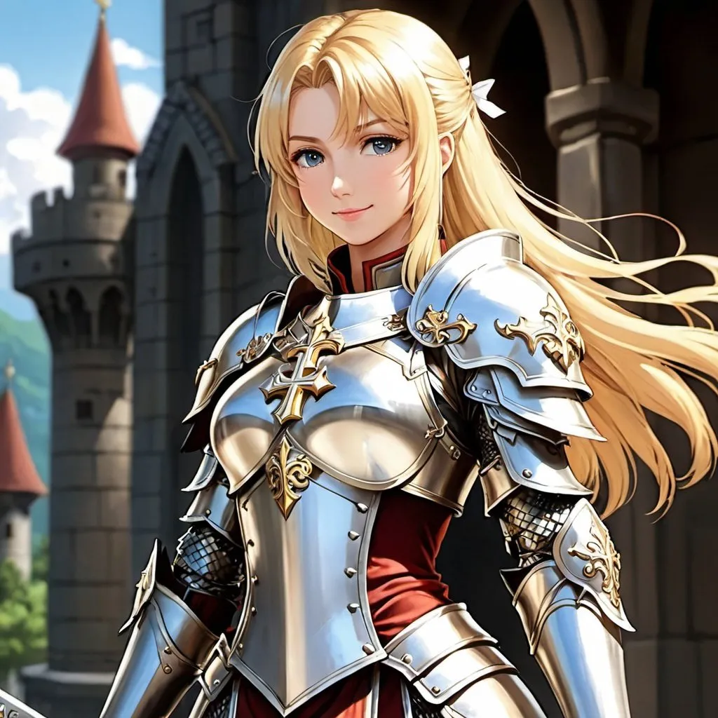 Prompt: anime, fantasy cleric, girl, mace, detailed, blonde hair, gentle smile, tall, strong, practical full plate armor with a cross on it, very detailed