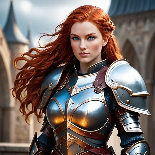 Prompt: Tall, redhead female stormcast eternal. Glowing bright blue eyes. Braided red hair. Heavy plate armor. Heavy steel shield in hand. gentle expression. Fantasy. Full body shot.