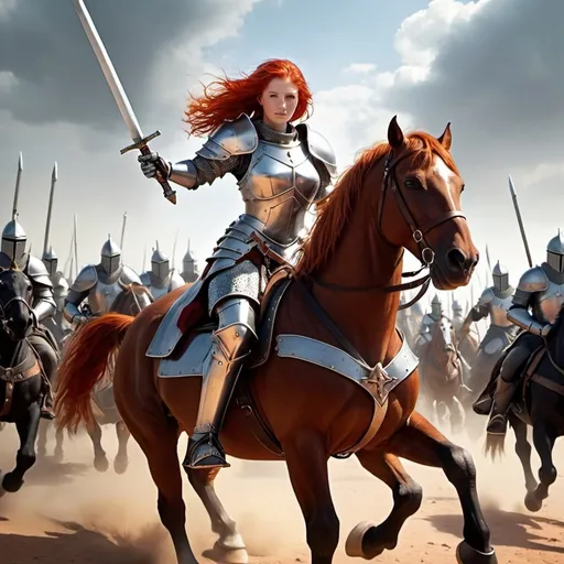 Prompt: Red haired female paladin with a sword, leading a charge of mounted knights in the center of the picture.