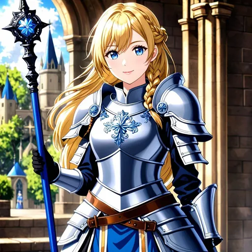 Prompt: anime, young woman, detailed, blue eyes, blonde hair in a braid, tall, very detailed, fantasy cleric, plate armor, mace, gentle smile