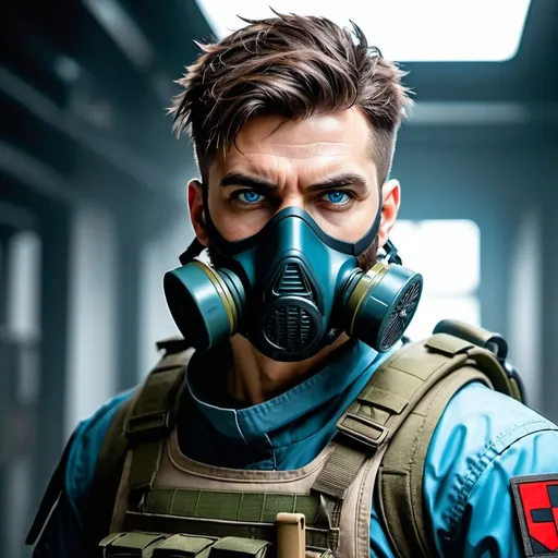 Prompt: cyberpunk combat surgeon man. ballistic armor. Military gas mask. Carrying industrial cutting saw. Blue eyes. Very short messy brown hair. military camo fatigues. gaunt features. stubble.