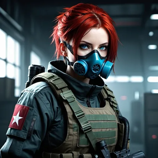 Prompt: cyberpunk combat surgeon. Ballistic armor. Military gas mask. Carrying industrial cutting saw. Blue eyes. Short red hair. military camo fatigues.