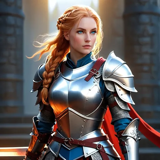 Prompt: Tall, blonde female paladin. Glowing blue eyes. Braided red hair. Heavy mithril plate armor. longsword in right hand. gentle expression. Fantasy. Full body shot.