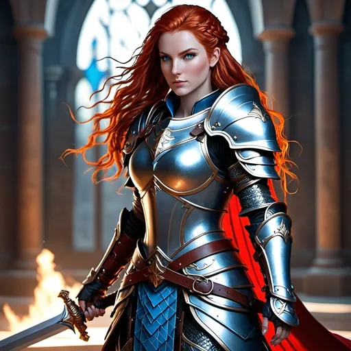Prompt: Tall, redhead female stormcast eternal. Glowing blue eyes. Braided red hair. Heavy plate armor. longsword in right hand. gentle expression. Fantasy. Full body shot.