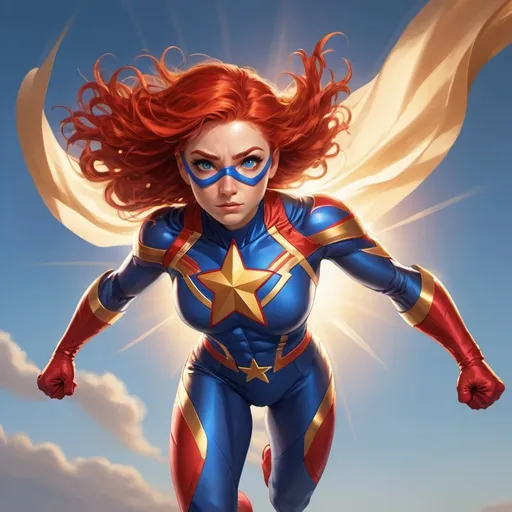 Prompt: An athletic Young female superhero. Her suit is red with blue trim and a gold star on her chest. She is flying, her red hair flowing in the wind. Her eyes glow with golden light.