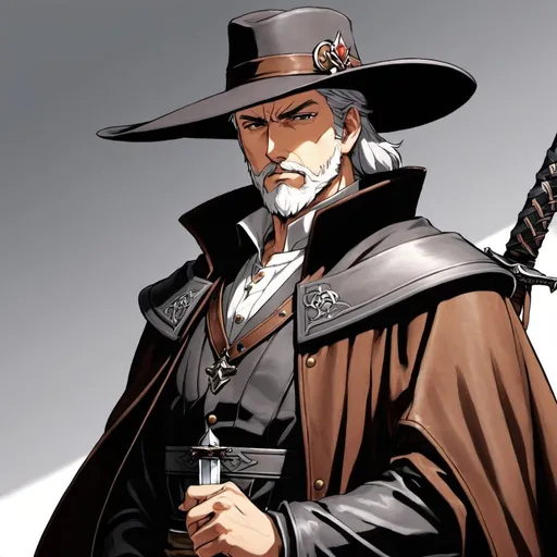 Prompt: anime, fantasy inquisitor, man, sword, detailed, middle aged, grey hair, scowl, plain brown leather clothes, puritan hat, very detailed