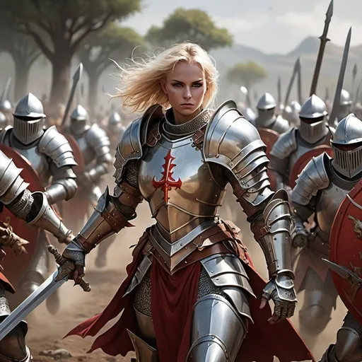 Prompt: Female knight of the Boros Legion wearing plate armor and carrying a sword, fighting against Gruul goblin barbarians alongside her fellow soldiers.
