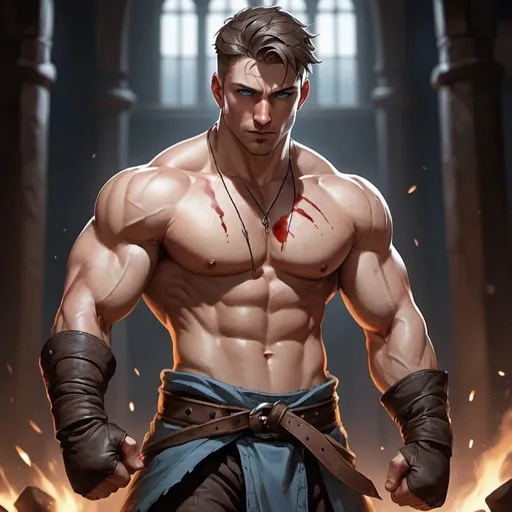 Prompt: Human male. Pale skin. Grey blue eyes. Very short brown hair. Muscular. Bloody wraps on hands. Fists raised. Peasant pants. Bare chest. Fantasy. Brawler. Clean shaven. Deep set eyes. Scars on face. Grouchy.