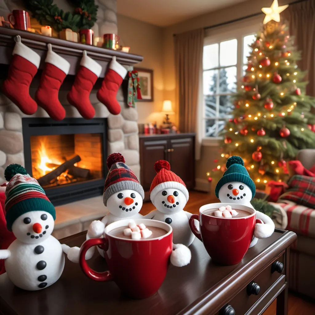 Prompt: snowmen drink hot cocoa in front of a Christmas tree with a warm cozy fireplace with stockings.