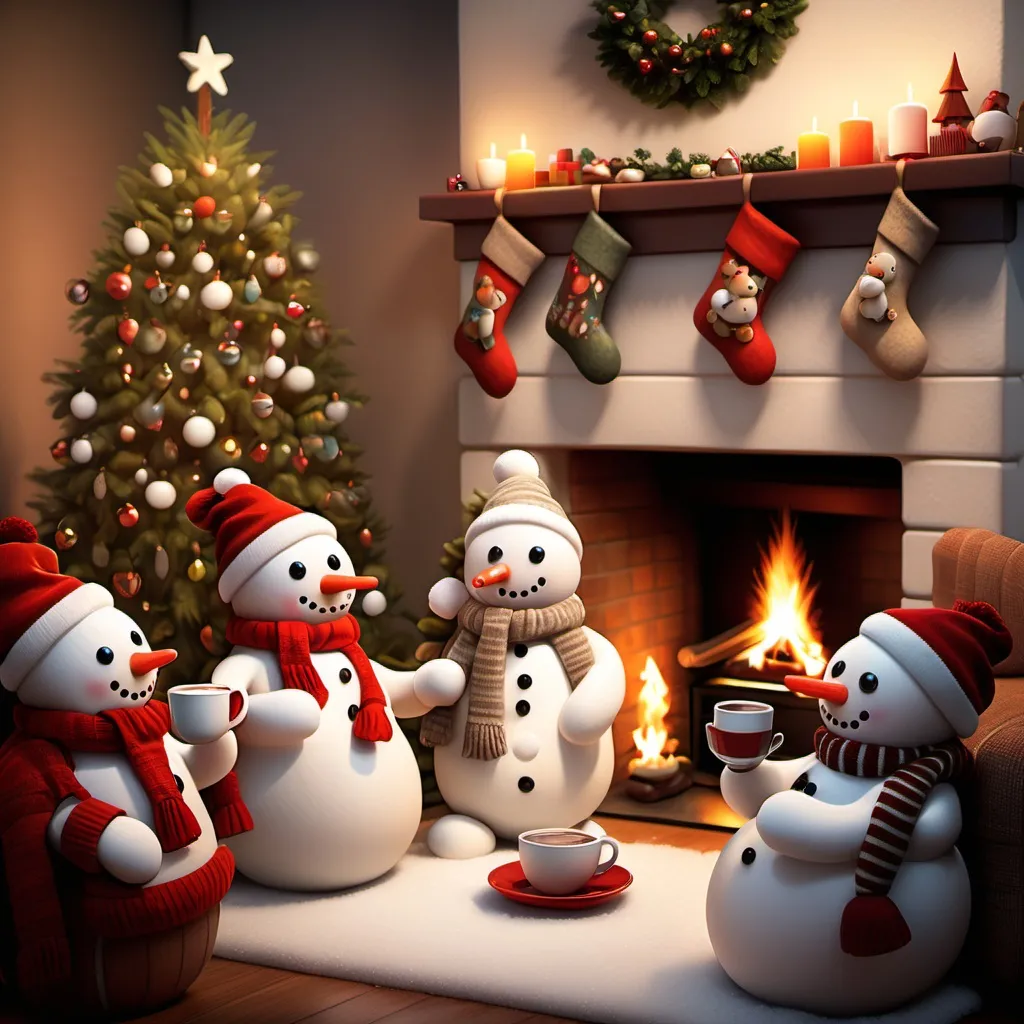 Prompt: snowmen drink hot cocoa in front of a Christmas tree with a warm cozy fireplace with stockings.