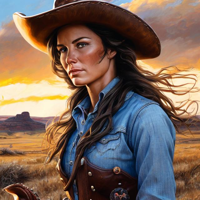 Prompt: Detailed, depiction of a confident cowgirl with flowing brunette hair, tornado twister landscape, high quality, realistic, Old West style, warm earthy tones, sun-kissed lighting, soft facial features, leather boots and hat, intricate embroidery, rugged denim, determined expression, dynamic pose, realistic hair and clothing textures