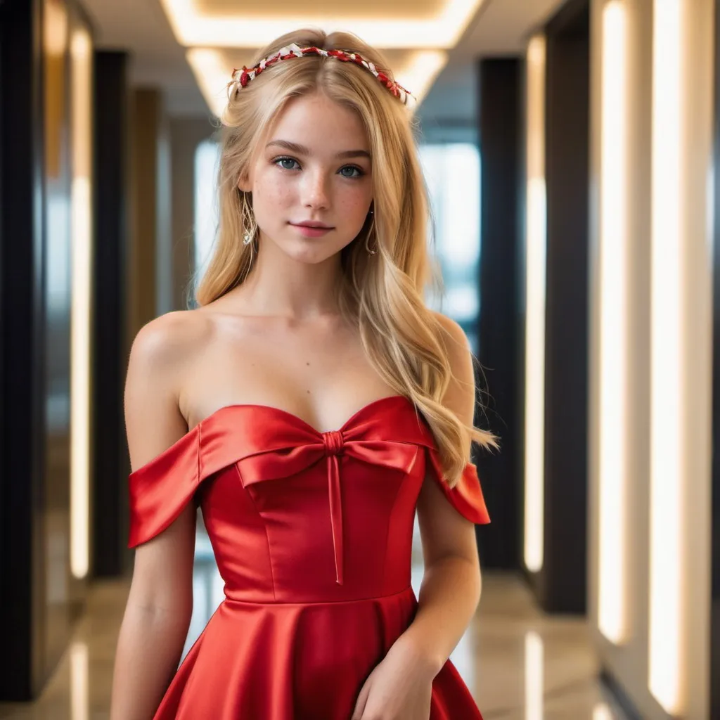 Prompt: Girl, 16, lobby. She wears a red dress, environment is brightly lighted. Long blonde hair, ribbons, satin, modern, alluring gaze, freckles, inner eye highlight, relaxed, off the shoulder, 50mm aperture , wings, sparks