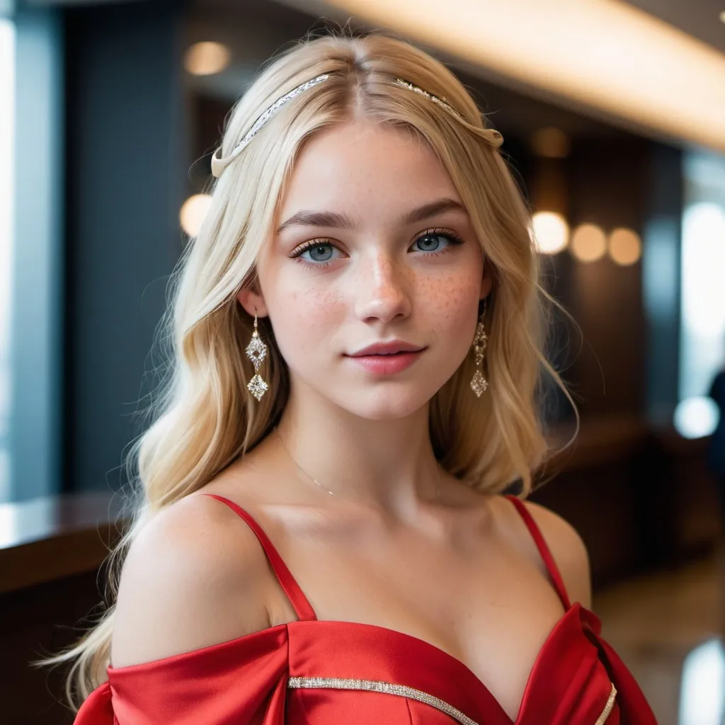 Prompt: Girl, 16, lobby. She wears a red dress, environment is brightly lighted. Long blonde hair, ribbons, satin, modern, alluring gaze, freckles, inner eye highlight, relaxed, off the shoulder, 50mm aperture , wings, sparks