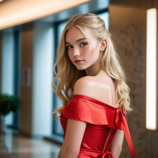 Prompt: Girl, 16, lobby. She wears a red dress, environment is brightly lighted. Long blonde hair, ribbons, satin, modern, alluring gaze, freckles, inner eye highlight, relaxed, off the shoulder, 50mm aperture , wings, sparks