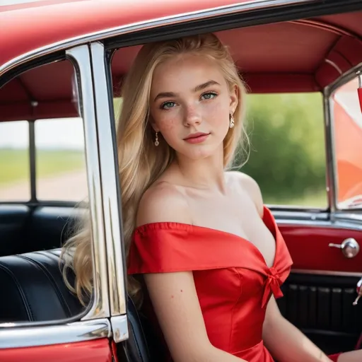 Prompt: Girl, 16, sitting in classic car, She wears a red dress, environment is brightly lighted. Long blonde hair, ribbons, satin, modern, alluring gaze, freckles, inner eye highlight, relaxed, off the shoulder, 50mm aperture