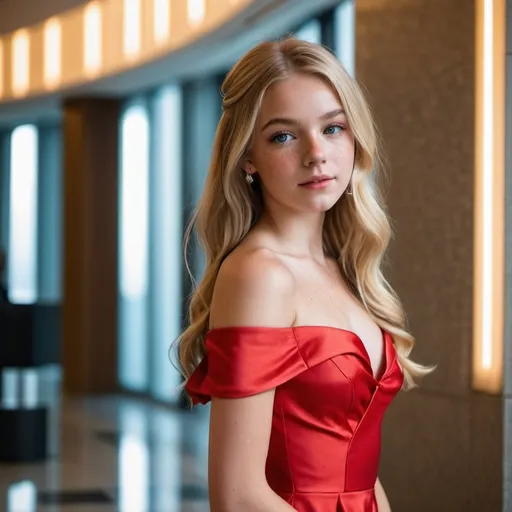 Prompt: Girl, 16, lobby. She wears a red dress, environment is brightly lighted. Long blonde hair, ribbons, satin, modern, alluring gaze, freckles, inner eye highlight, relaxed, off the shoulder, 50mm aperture , wings, sparks