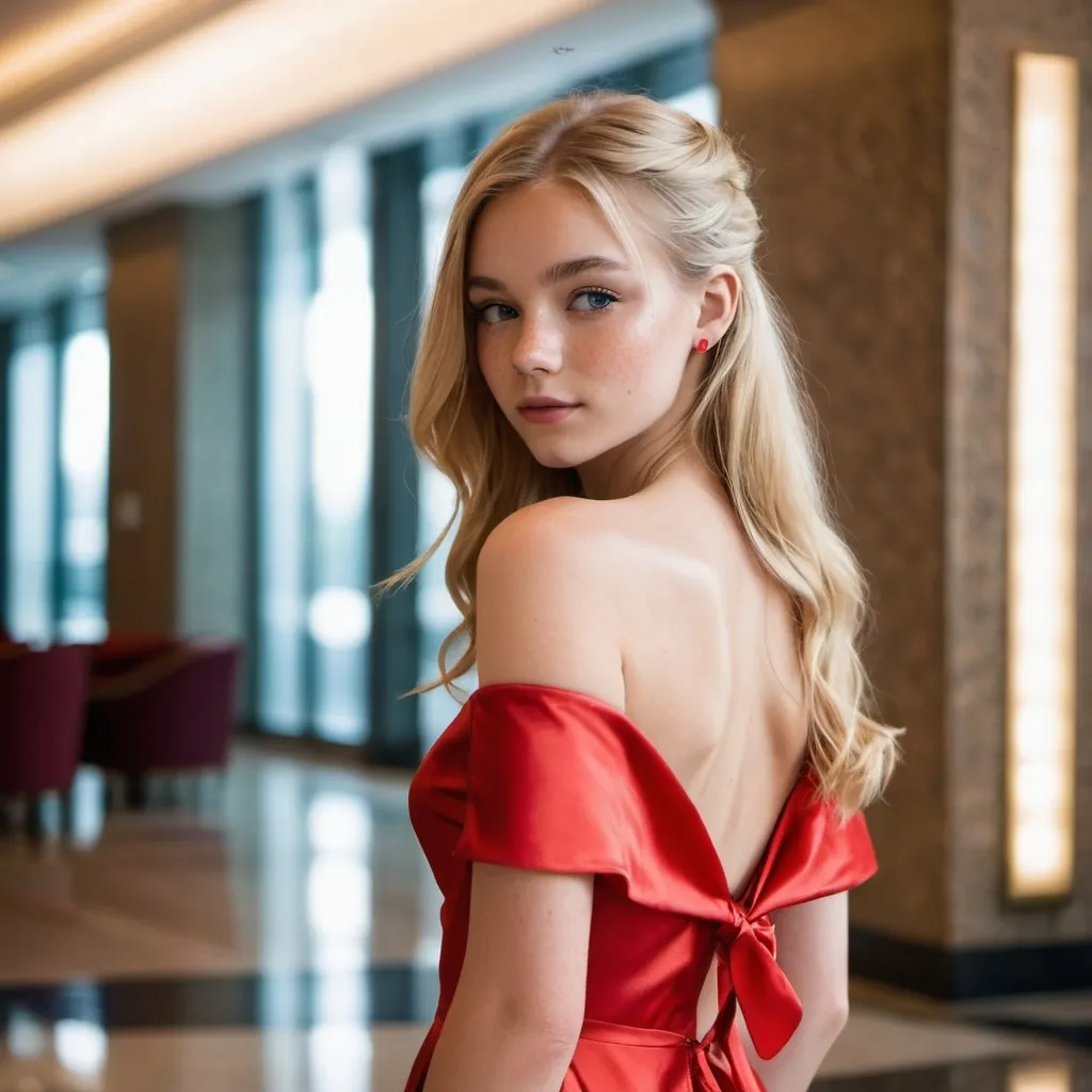 Prompt: Girl, 16, lobby. She wears a red dress, environment is brightly lighted. Long blonde hair, ribbons, satin, modern, alluring gaze, freckles, inner eye highlight, relaxed, off the shoulder, 50mm aperture , wings, sparks