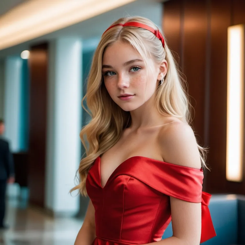 Prompt: Girl, 16, lobby. She wears a red dress, environment is brightly lighted. Long blonde hair, ribbons, satin, modern, alluring gaze, freckles, inner eye highlight, relaxed, off the shoulder, 50mm aperture , wings, sparks