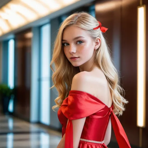 Prompt: Girl, 16, lobby. She wears a red dress, environment is brightly lighted. Long blonde hair, ribbons, satin, modern, alluring gaze, freckles, inner eye highlight, relaxed, off the shoulder, 50mm aperture , wings, sparks