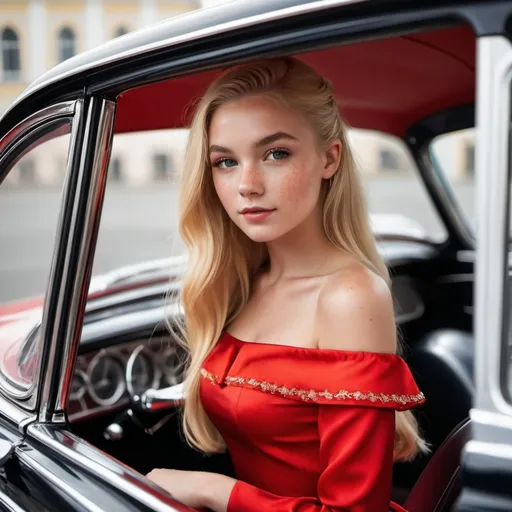 Prompt: Girl, 16, passenger seat of classic car, She wears a red dress, environment is brightly lighted. Long blonde hair, ribbons, satin, modern, alluring gaze, freckles, inner eye highlight, relaxed, off the shoulder, 50mm aperture , wings, sparks