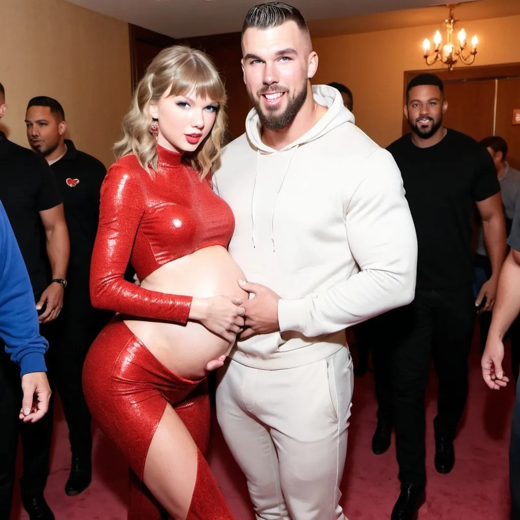 Prompt: Taylor Swift, fullbody, fancy dress, giant baby bump, Travis Kelce holding her close