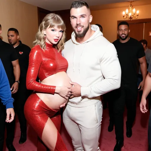 Prompt: Taylor Swift, fullbody, fancy dress, giant baby bump, Travis Kelce holding her close