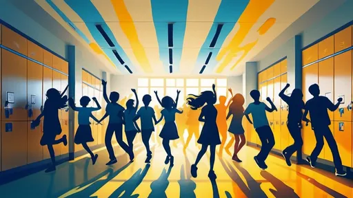 Prompt: sfeerbeeld van een middelbare schoolomgeving met grote groep dansende en zingende volwassenen weergegeven als schimmen, (wit) (geel) (lichtblauwe), vibrant colors, dynamic and joyful atmosphere, ultra-detailed background with school elements like lockers and classrooms, warm lighting, teenagers' silhouette expressions showing joy and excitement, movement and rhythm emphasized, high quality, HD, cinematic rendering, intricate detailing on shadows and glows making the scene lively and full of energy