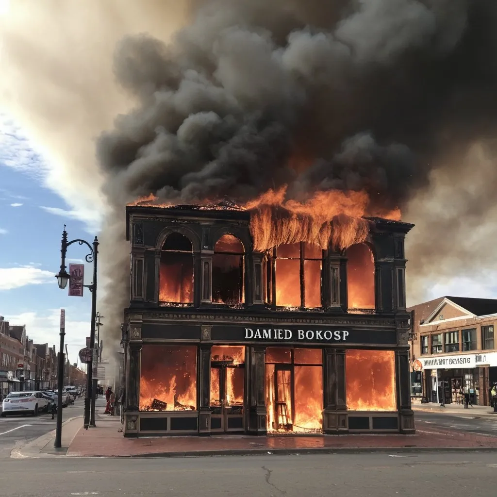 Prompt: gently damned bookshop in flames 