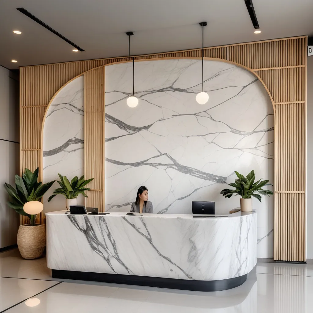 Prompt: Hotel reception Japandi style with reception desk made from marble and wood , wall cladding made from rattan and micro cement and some plants , wide view for the reception and add half circled sofa and two armchairs 