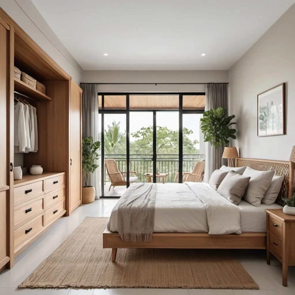 Prompt: Master bedroom Neutral style with open balcony and less plants and rattan wardrobe and wooden dresser 