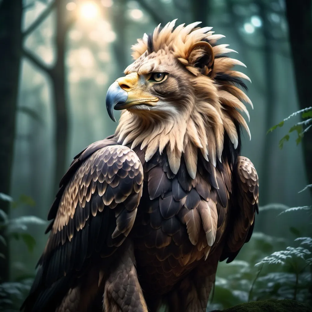 Prompt: Eagle-lion hybrid in a mystical forest, animal hybrid of an eagle and a lion, mix of lion and eagle, high quality, atmospheric lighting